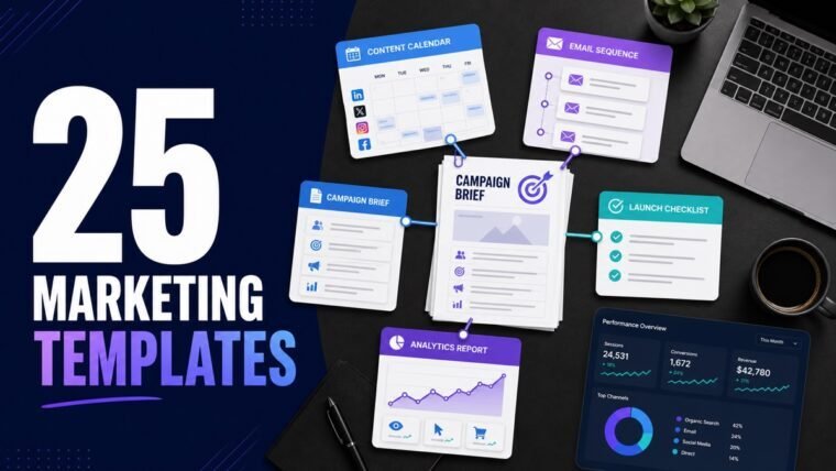 Thumbnail showing campaign brief pages, content calendar, email sequence cards, launch checklist for marketing templates