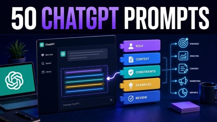 Thumbnail showing ChatGPT conversation window, modular prompt blocks, role/context/constraints labels, business workflow icons for ChatGPT prompt templates