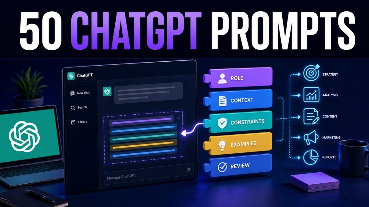 Thumbnail showing ChatGPT conversation window, modular prompt blocks, role/context/constraints labels, business workflow icons for ChatGPT prompt templates