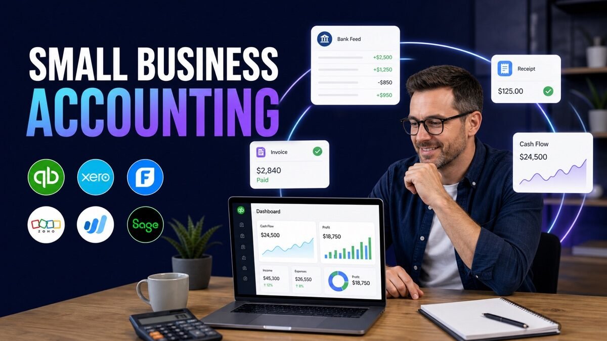 Thumbnail showing laptop bookkeeping dashboard, bank feed, invoice, receipt for best accounting software for small business