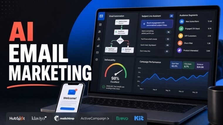 Thumbnail showing email automation canvas, audience segments, subject-line assistant, deliverability gauge for AI email marketing tools