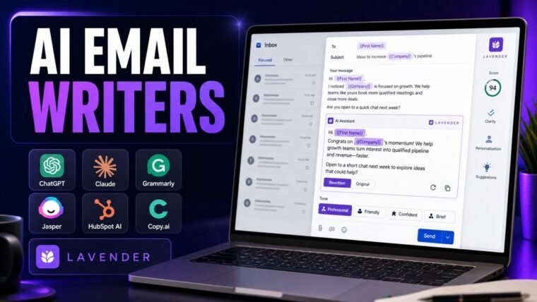 Thumbnail showing email composer, AI assistant, personalization tokens, tone controls for best AI email writer