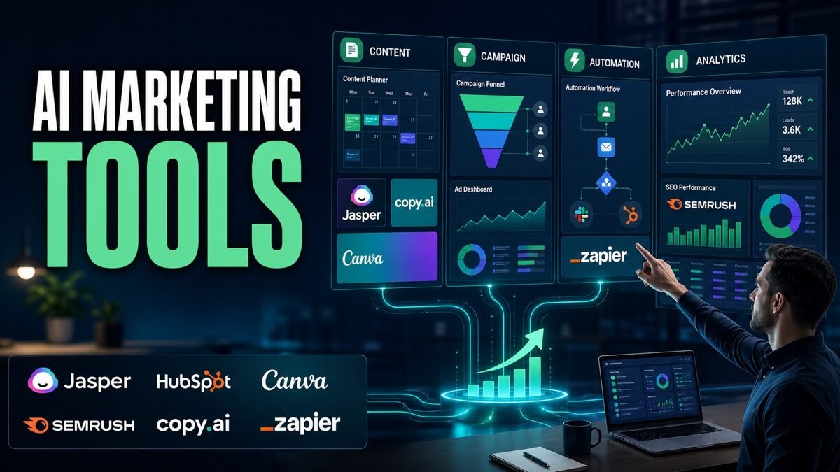 Thumbnail showing content planner, campaign funnel, SEO chart, ad dashboard for best AI marketing tools