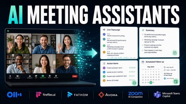 Thumbnail showing video meeting grid, live transcript, summary card, action items for best AI meeting assistants