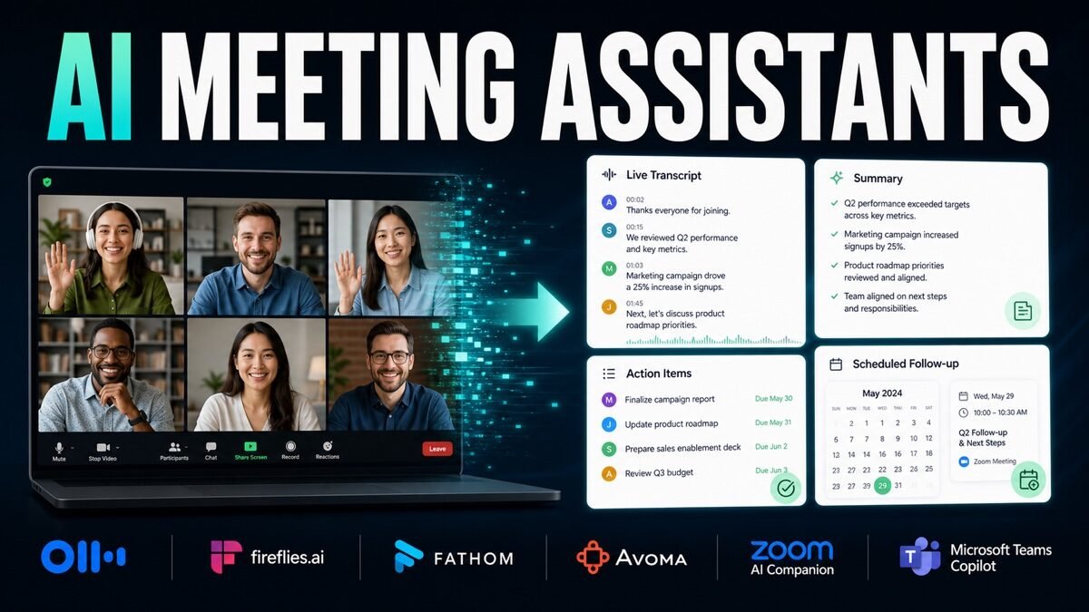 Thumbnail showing video meeting grid, live transcript, summary card, action items for best AI meeting assistants