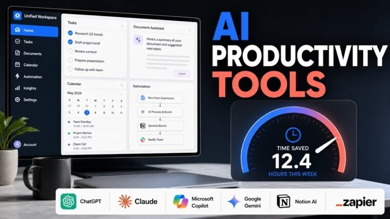 Thumbnail showing unified workspace, task list, document assistant, automation for best AI productivity tools