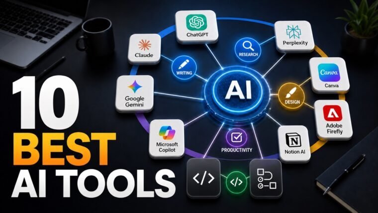 Thumbnail showing ten distinct AI tool tiles, central AI core, writing, research for best AI tools