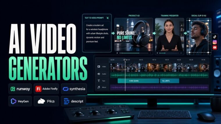 Thumbnail showing video timeline, text-to-video prompt, ad scene, presenter avatar for best AI video generators