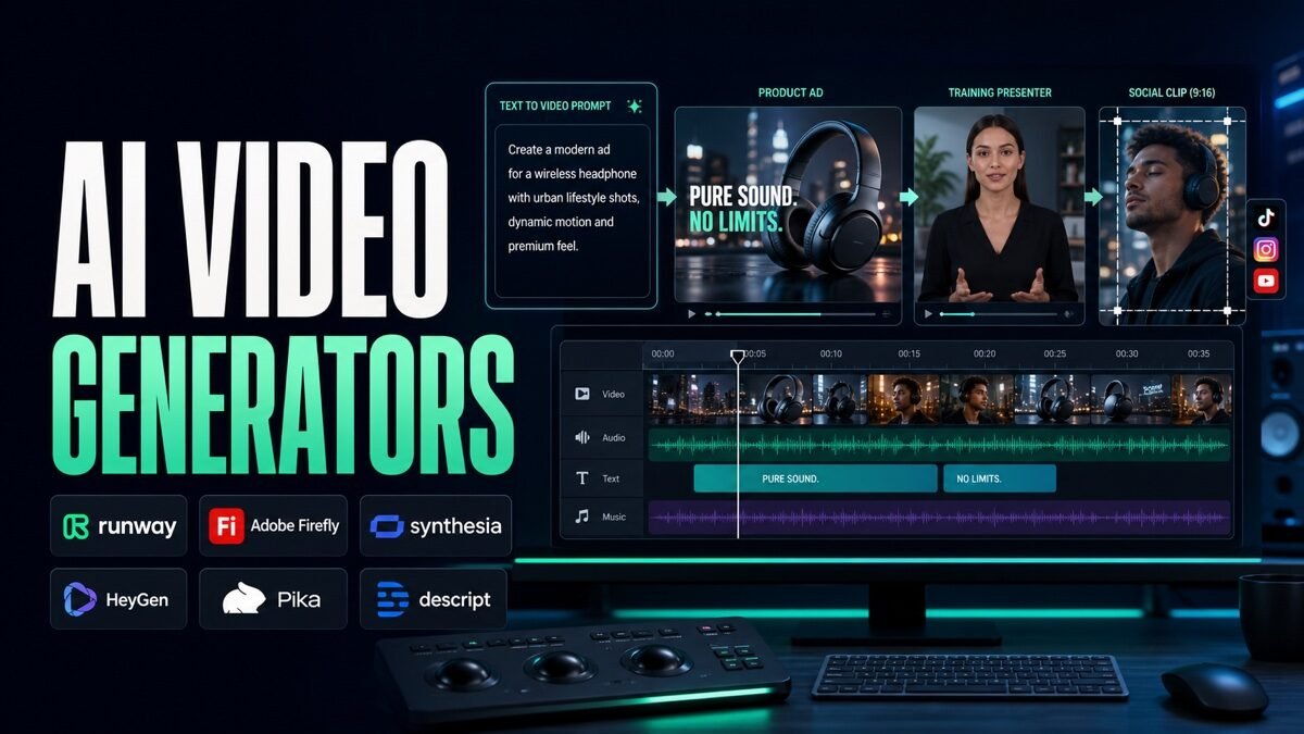 Thumbnail showing video timeline, text-to-video prompt, ad scene, presenter avatar for best AI video generators
