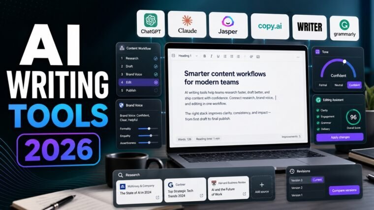 Thumbnail showing document editor, research citations, tone panel, brand voice for best AI writing tools