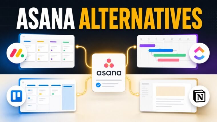 Thumbnail showing Asana logo, branching paths to monday.com, ClickUp, Trello and Notion for Asana alternatives