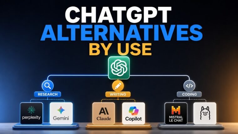 Thumbnail showing ChatGPT mark, three pathways for research, writing and coding, Claude for ChatGPT alternatives