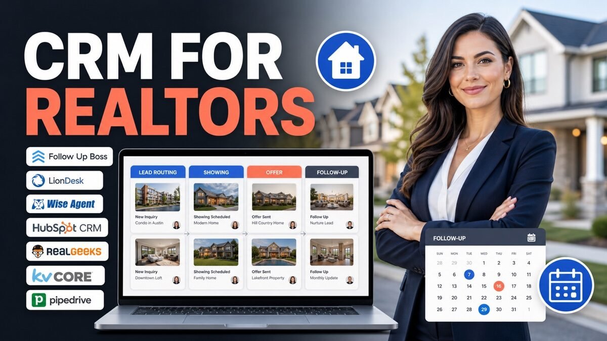 Thumbnail showing real estate agent, property cards, CRM pipeline, lead routing for best CRM for realtors