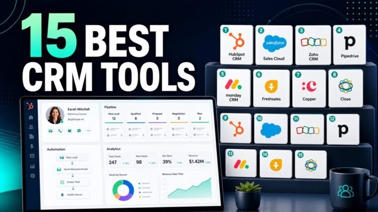 Thumbnail showing 15 CRM app cards, customer profile, pipeline stages, automation for best CRM software