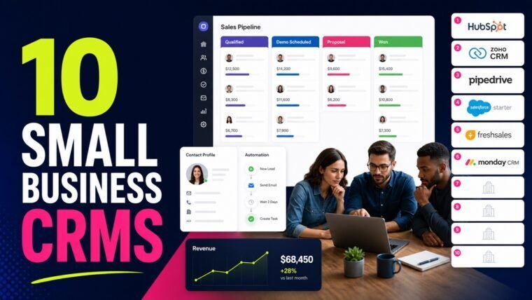 Thumbnail showing small team, ten CRM tiles, sales pipeline, contact profile for best CRM software for small business