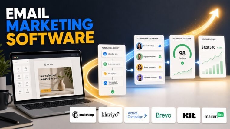 Thumbnail showing newsletter editor, automation journey, subscriber segments, deliverability score for best email marketing software