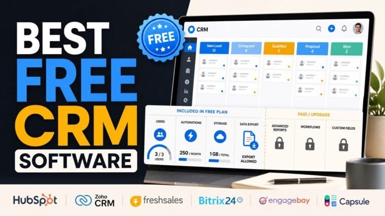 Thumbnail showing free badge, CRM pipeline, user-limit meter, locked upgrade features for best free CRM