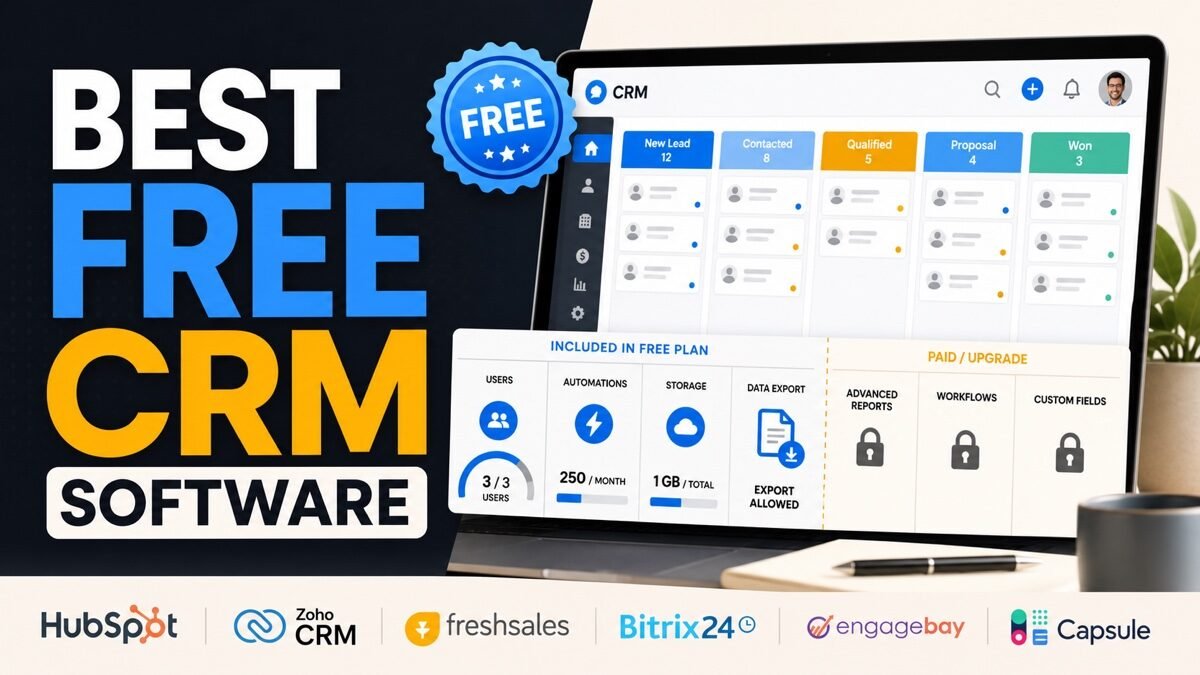 Thumbnail showing free badge, CRM pipeline, user-limit meter, locked upgrade features for best free CRM