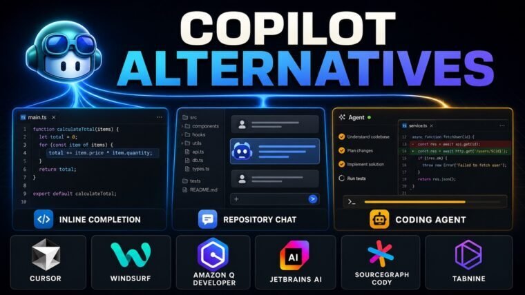 Thumbnail showing GitHub Copilot mark, code completion, repository chat, coding agent for GitHub Copilot alternatives