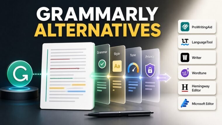 Thumbnail showing document with edits, tone meter, style suggestions, privacy shield for Grammarly alternatives