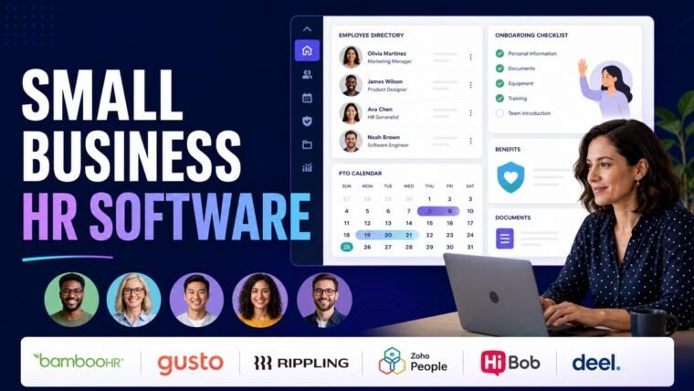 Thumbnail showing employee directory, onboarding checklist, PTO calendar, benefits card for best HR software for small business