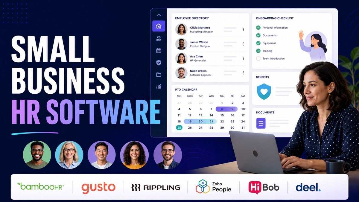 Thumbnail showing employee directory, onboarding checklist, PTO calendar, benefits card for best HR software for small business