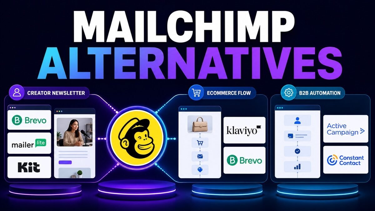 Thumbnail showing Mailchimp mark, creator newsletter, ecommerce flow, B2B automation for Mailchimp alternatives
