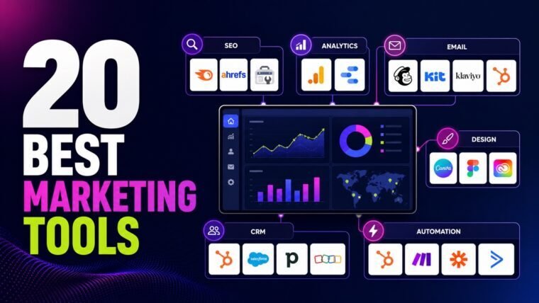 Thumbnail showing twenty organized app tiles, SEO, analytics, email for best marketing tools