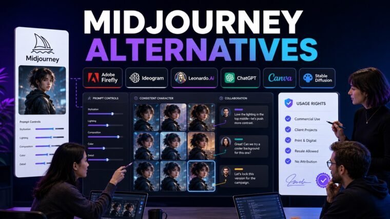 Thumbnail showing Midjourney mark, prompt controls, consistent character grid, collaboration board for Midjourney alternatives