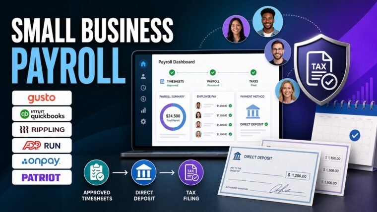Thumbnail showing payroll dashboard, employee paychecks, tax filing shield, direct deposit for best payroll software for small business