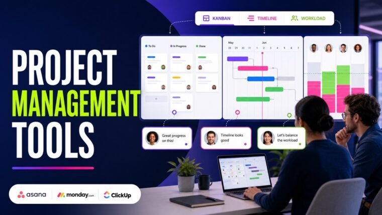 Thumbnail showing kanban, Gantt timeline, workload chart, team comments for best project management software