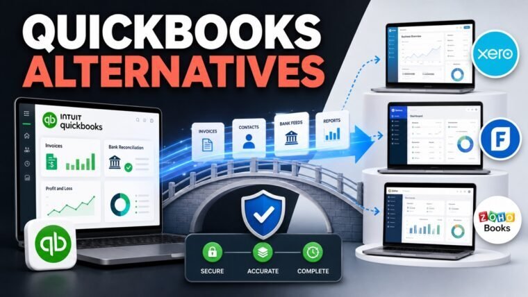 Thumbnail showing QuickBooks mark, migration arrows, Xero, FreshBooks and Zoho Books cues for QuickBooks alternatives