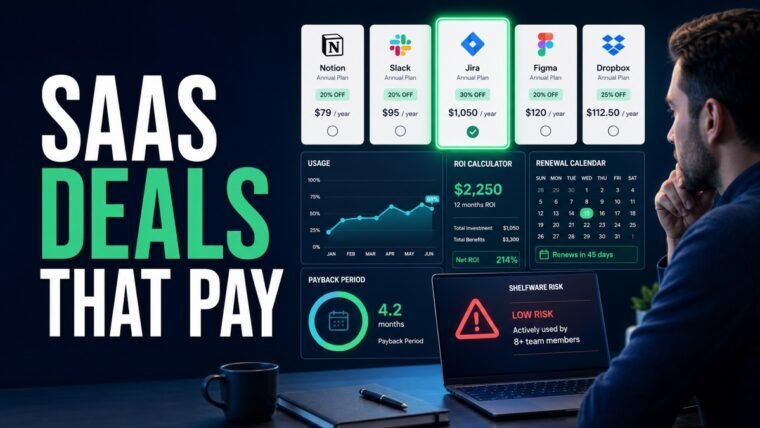 Thumbnail showing SaaS subscription cards, usage graph, ROI calculator, renewal calendar for best SaaS deals