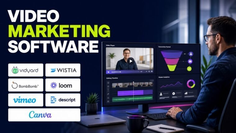 Thumbnail showing marketer, video player, editing timeline, funnel for best video marketing software