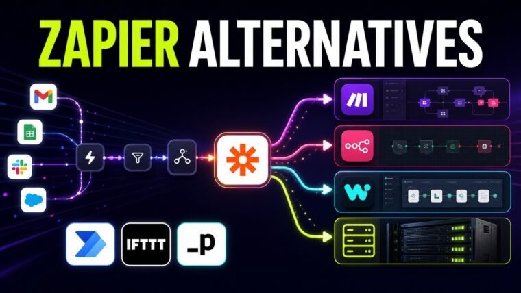 Thumbnail showing Zapier mark, workflow nodes, branching logic, self-hosted server for Zapier alternatives