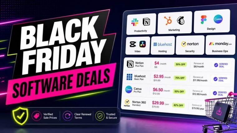 Thumbnail showing software category tiles, verified sale tags, price comparison, renewal terms for Black Friday software deals