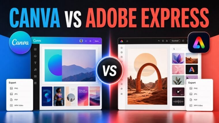 Thumbnail showing Canva logo and editor, Adobe Express logo and editor, template grids, export options for Canva vs Adobe Express