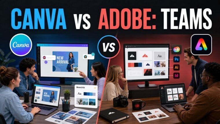 Thumbnail showing Canva and Adobe Express logos, split-screen team workspace, brand kit, templates for Canva vs Adobe Express
