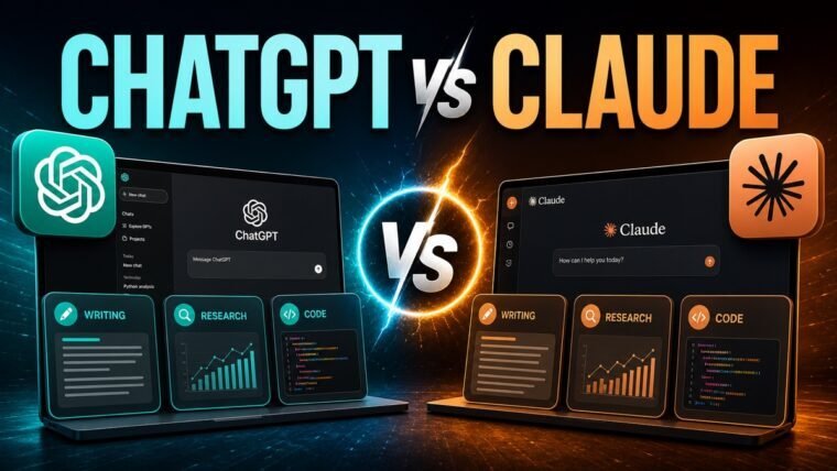 Thumbnail showing ChatGPT logo and interface, Claude logo and interface, writing, research and code cards for ChatGPT vs Claude