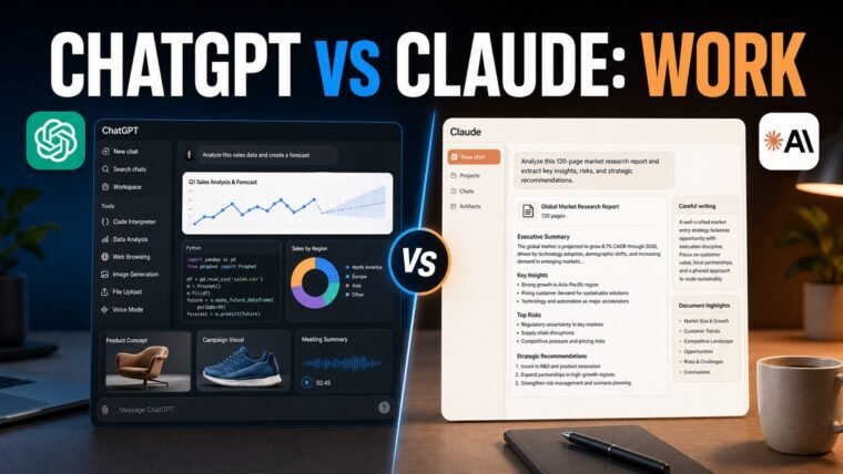 Thumbnail showing ChatGPT and Claude logos, split workspace, tools, long document for ChatGPT vs Claude