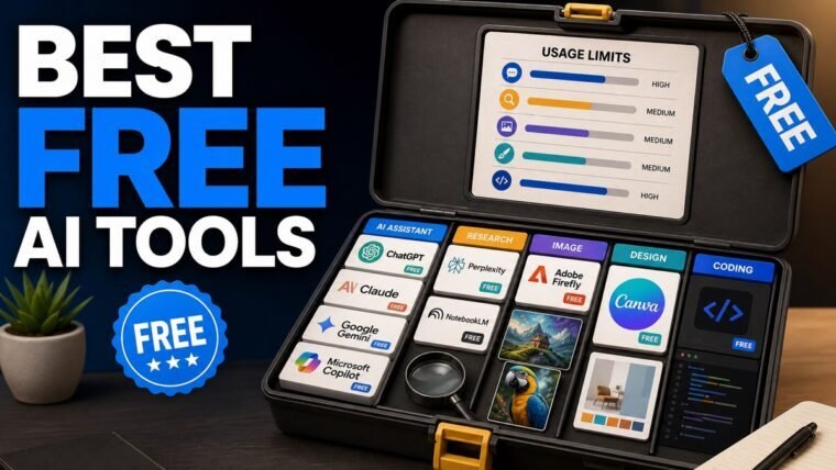 Thumbnail showing free badges, AI assistant, research, image for free AI tools
