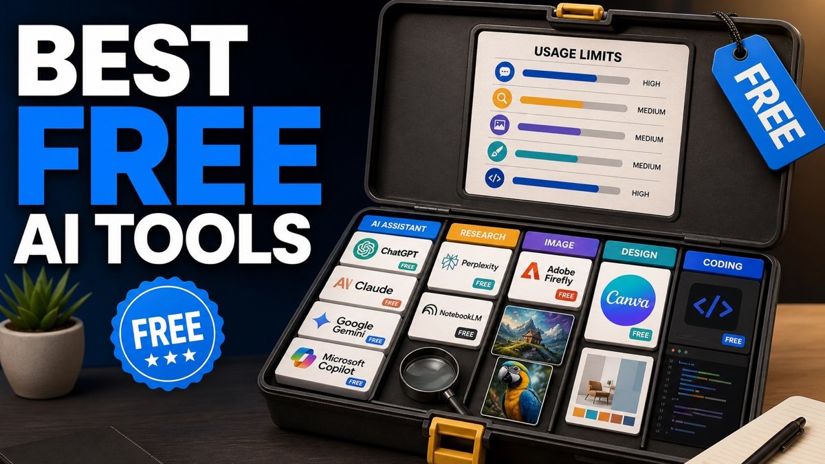 Thumbnail showing free badges, AI assistant, research, image for free AI tools
