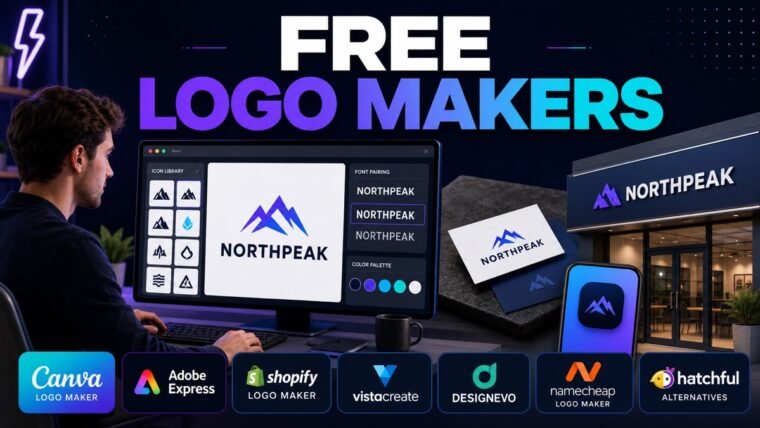 Thumbnail showing logo editor, icon library, font pairing, color palette for free logo makers