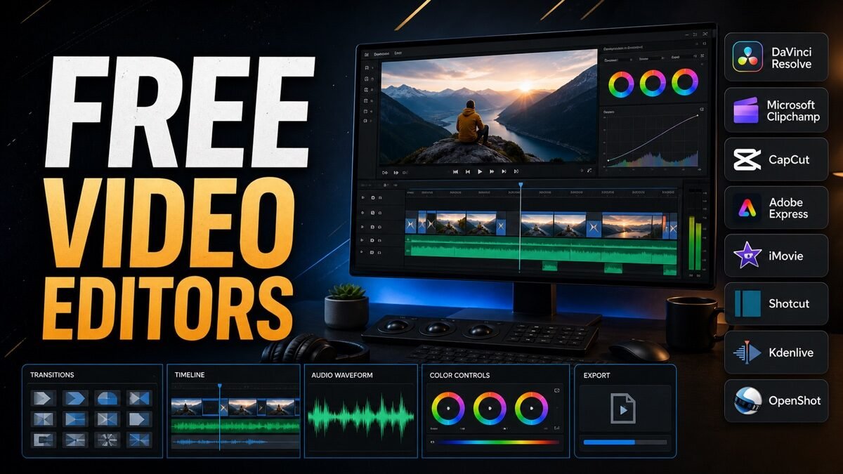 Thumbnail showing editing timeline, preview monitor, transitions, color controls for free video editors
