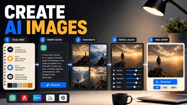 Thumbnail showing visual brief, prompt editor, four image drafts, refinement sliders for how to create AI images