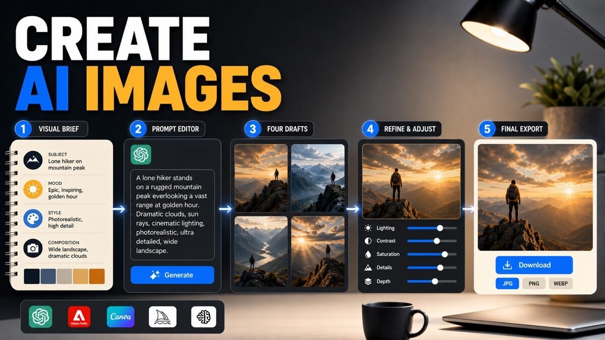 Thumbnail showing visual brief, prompt editor, four image drafts, refinement sliders for how to create AI images