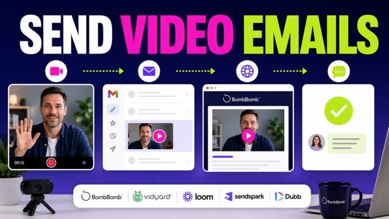 Thumbnail showing webcam recording, video thumbnail in inbox, play button, branded landing page for how to send video emails