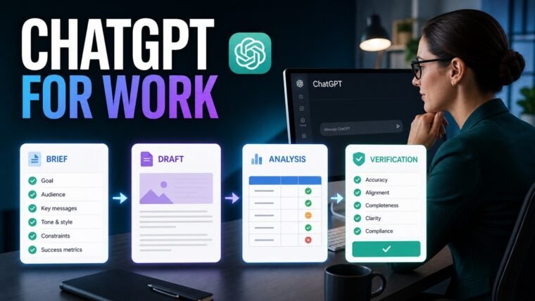 Thumbnail showing ChatGPT interface, brief, draft, analysis table for how to use ChatGPT for work