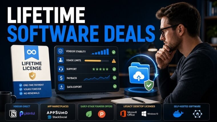 Thumbnail showing lifetime license card, risk gauge, vendor stability chart, usage limits for lifetime software deals