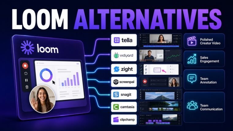 Thumbnail showing Loom mark, screen recorder, polished video editor, sales analytics for Loom alternatives